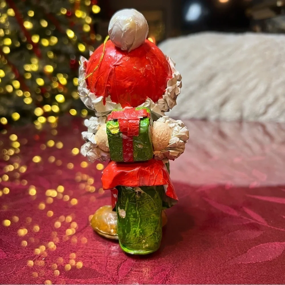 Paper Mache Christmas Caroler W/ Gift Behind Back Red Green 6” Tall Stands Up